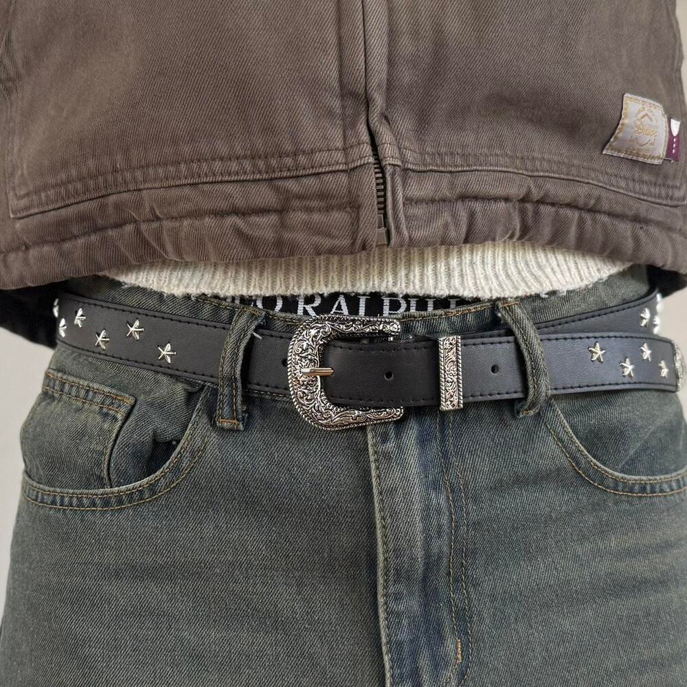 Western Star Embossed Silver Buckle Black Belt